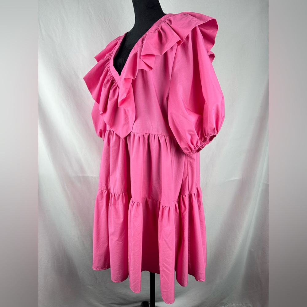 SHEIN Hot Pink Ruffled V-Neck Midi Dress with Puff Sleeves - Picture 2 of 6
